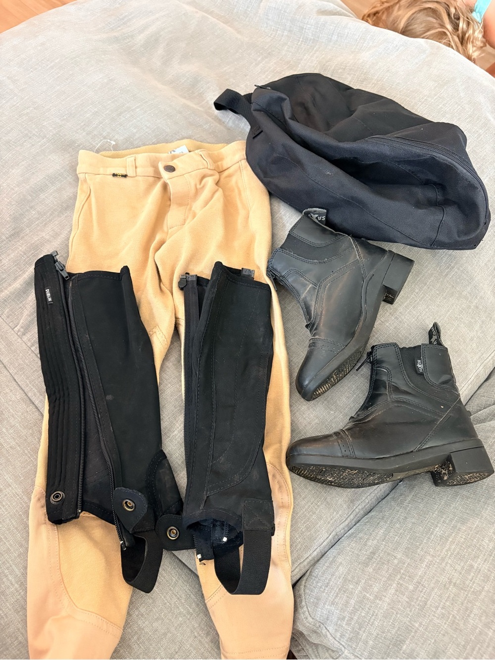 Girls Tan Riding Breeches with Black Half Chaps